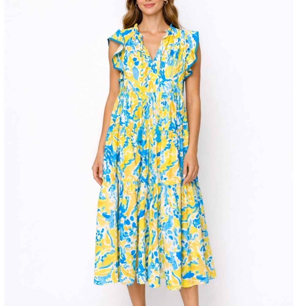 UMGEE Maxi Dress Floral Romantic Yellow Blue Ruffle sleeve boho feminine womens